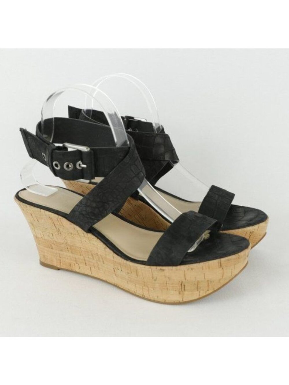 Via Spiga Ecstasy Women's Size 9 Black Crocodile Leather Cork Platform Sandals